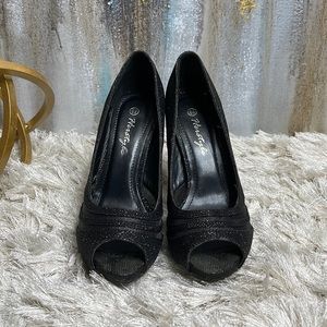 Herstyle Shimmering Black Sparkle Peep Toe Stiletto Heel